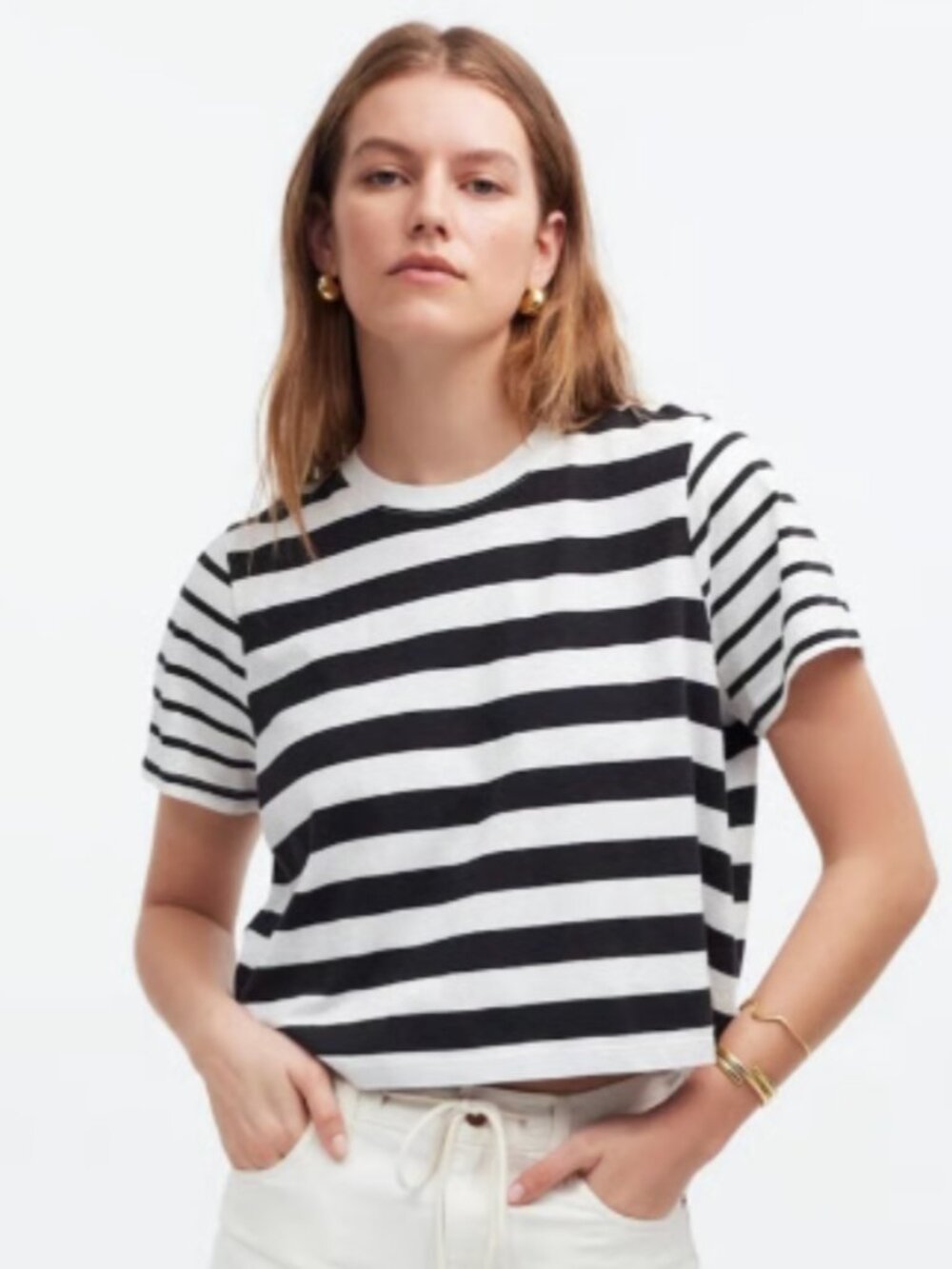 Madewell Black & White Striped Short Sleeve Boxy Crop Tee